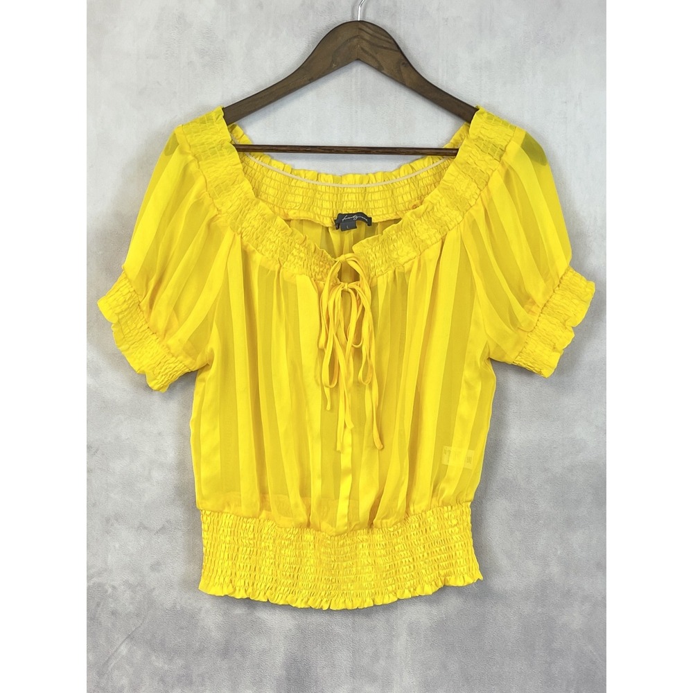 Y2K Twenty Oneโ Smocked Peasant Top Women Large Yellow Sheer Boho Indie Coquette